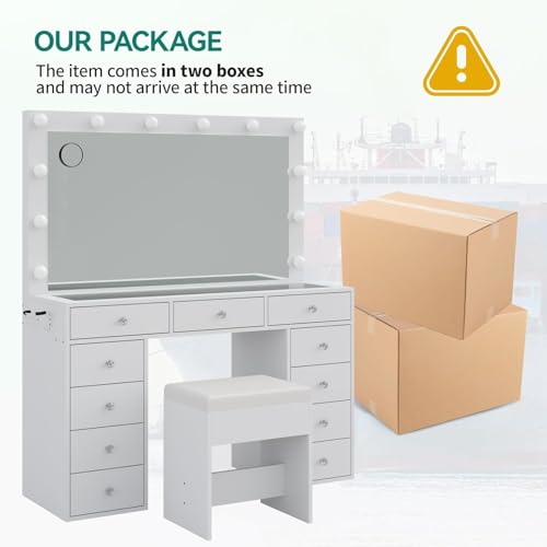 Vanity Desk & Power Outl, Makeup Vanity with Mirror and 12 LED Lights, Makeup Table with 11 Drawers, Vanity Table with Chair