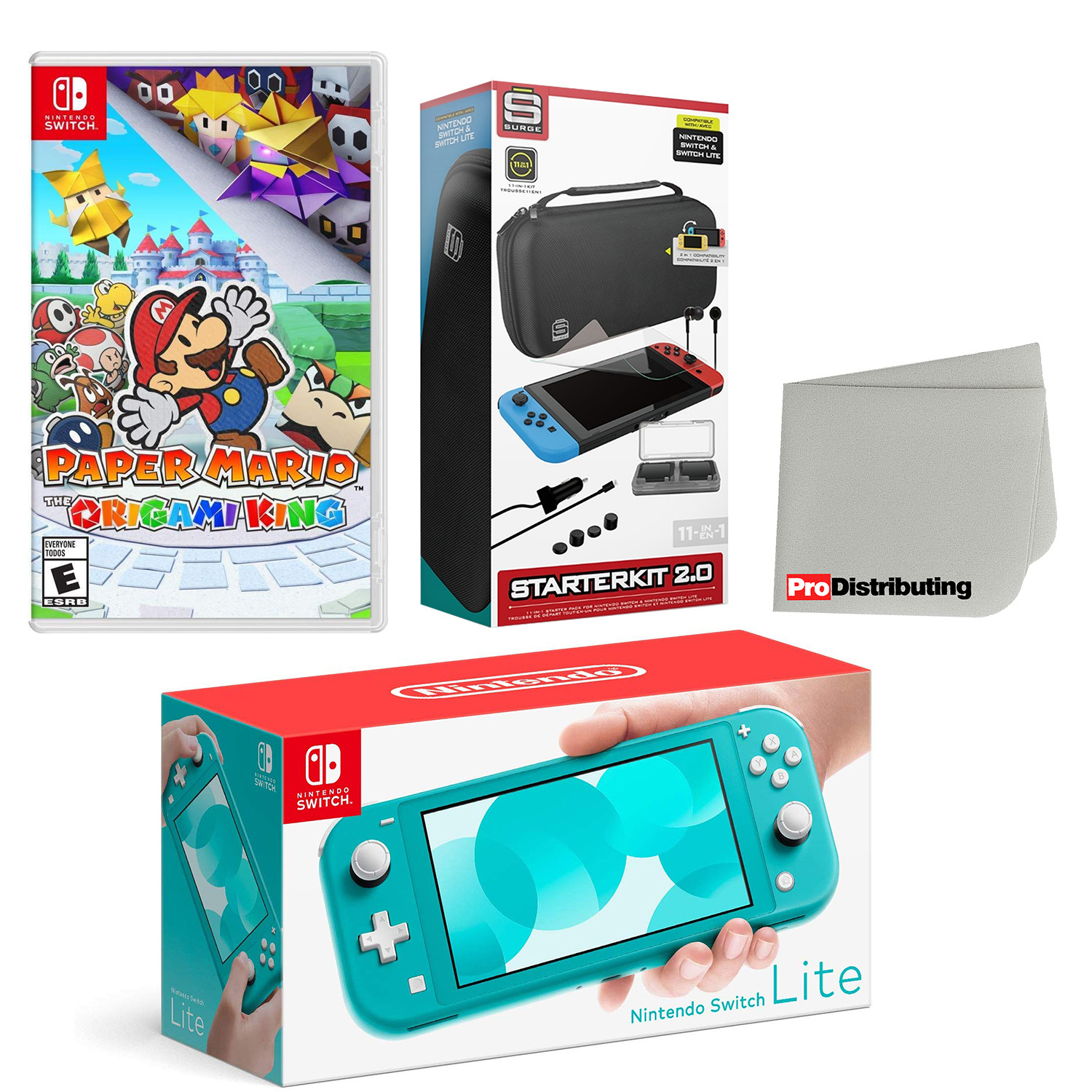 Nintendo Switch Lite Console Turquoise with Paper Mario: The Origami King, Accessory Starter Kit and Screen Cleaning Cloth Bundle