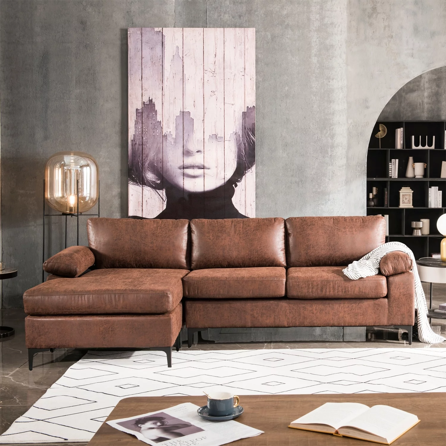 OVIOS  Mid-Century SUEDE Leather Chaise Reversible Sofa Brown Suede Left Facing Classic