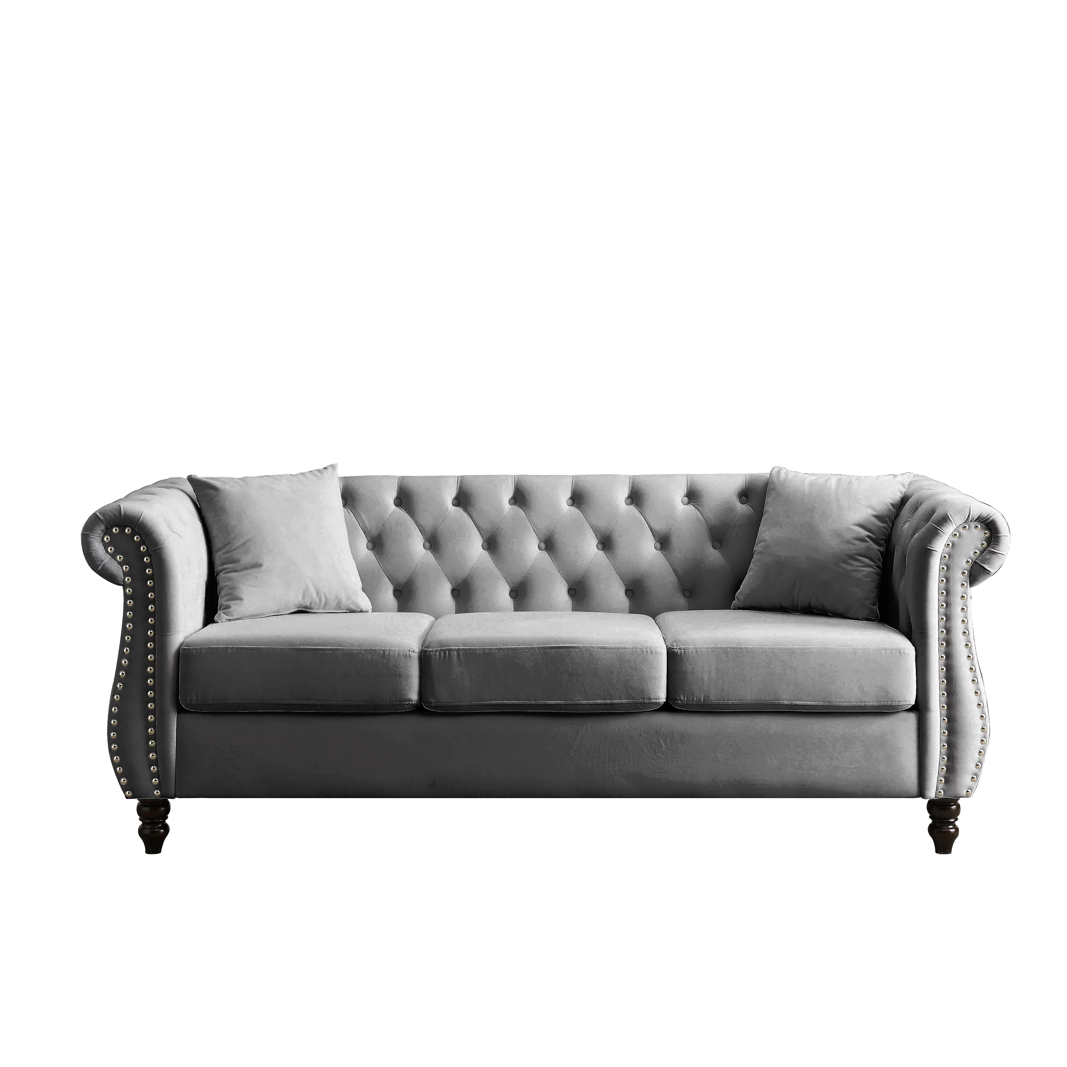 Ufurpie 80" 3-Seater Velvet Chesterfield Sofa with 2 Pillows,Tufted Couch with Rolled Arms and Nailhead,for Living Room,Bedroom,Office,Apartment,Gray