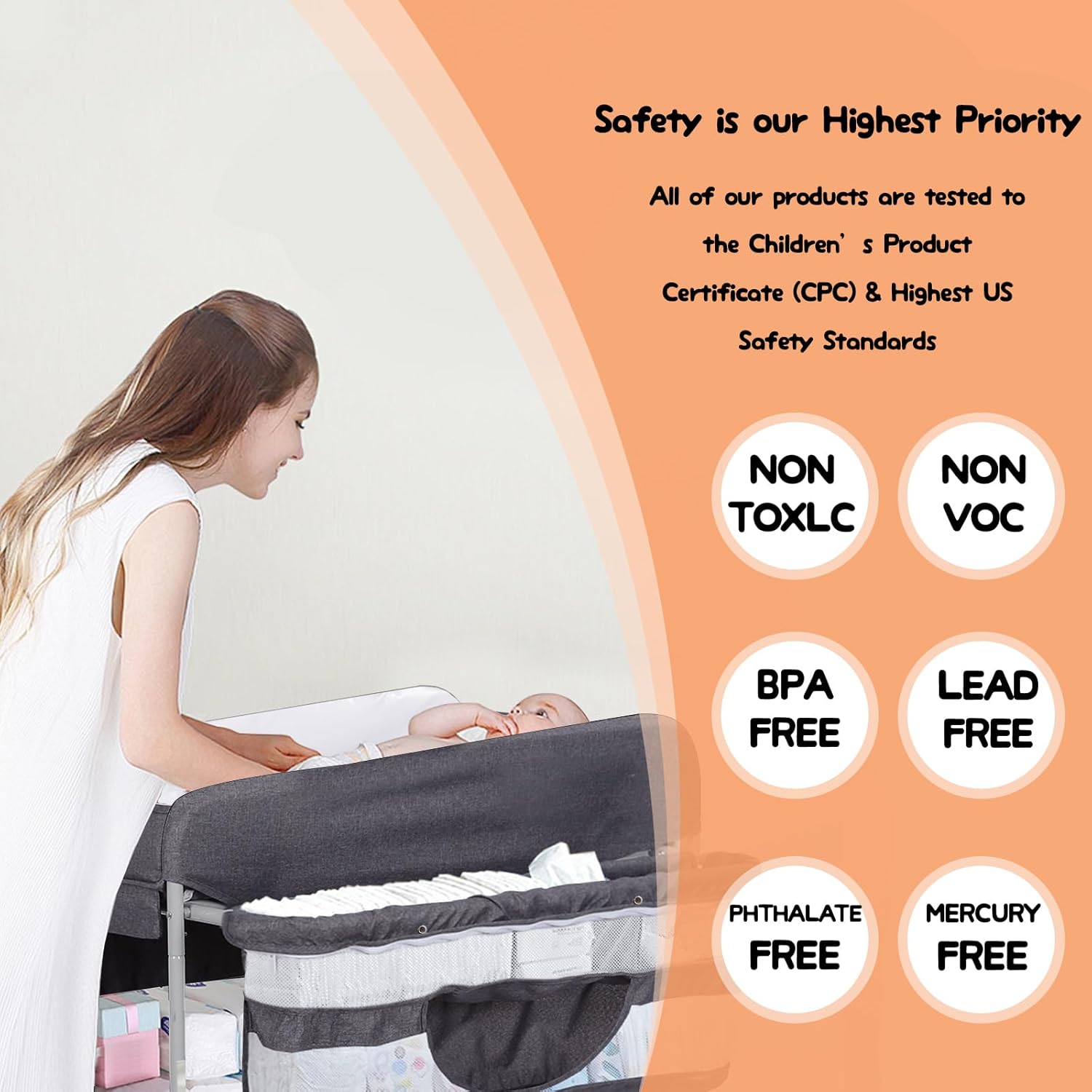 Baby Changing Table, Portable Changing Table with 2 Storage Baskets, Adjustable Heights