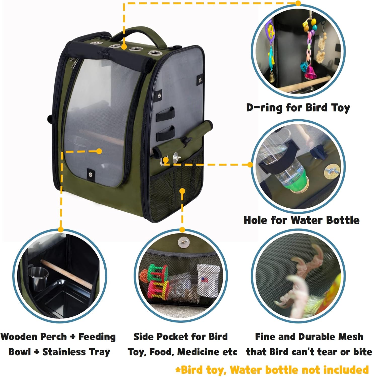 Birds Day Bird Carrier Backpack-Parrot Travel Cage with Perch and Feeding Cup, Stainless Steel Tray (Dark Olive Green)