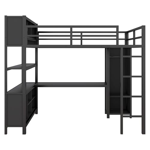 Queen Size Modern Metal Loft Bed with Wardrobe and L-Shaped Desk,Storage Cubes and Shelves,for Kids Teens Adults Bedroom Use (Black#h, Queen)