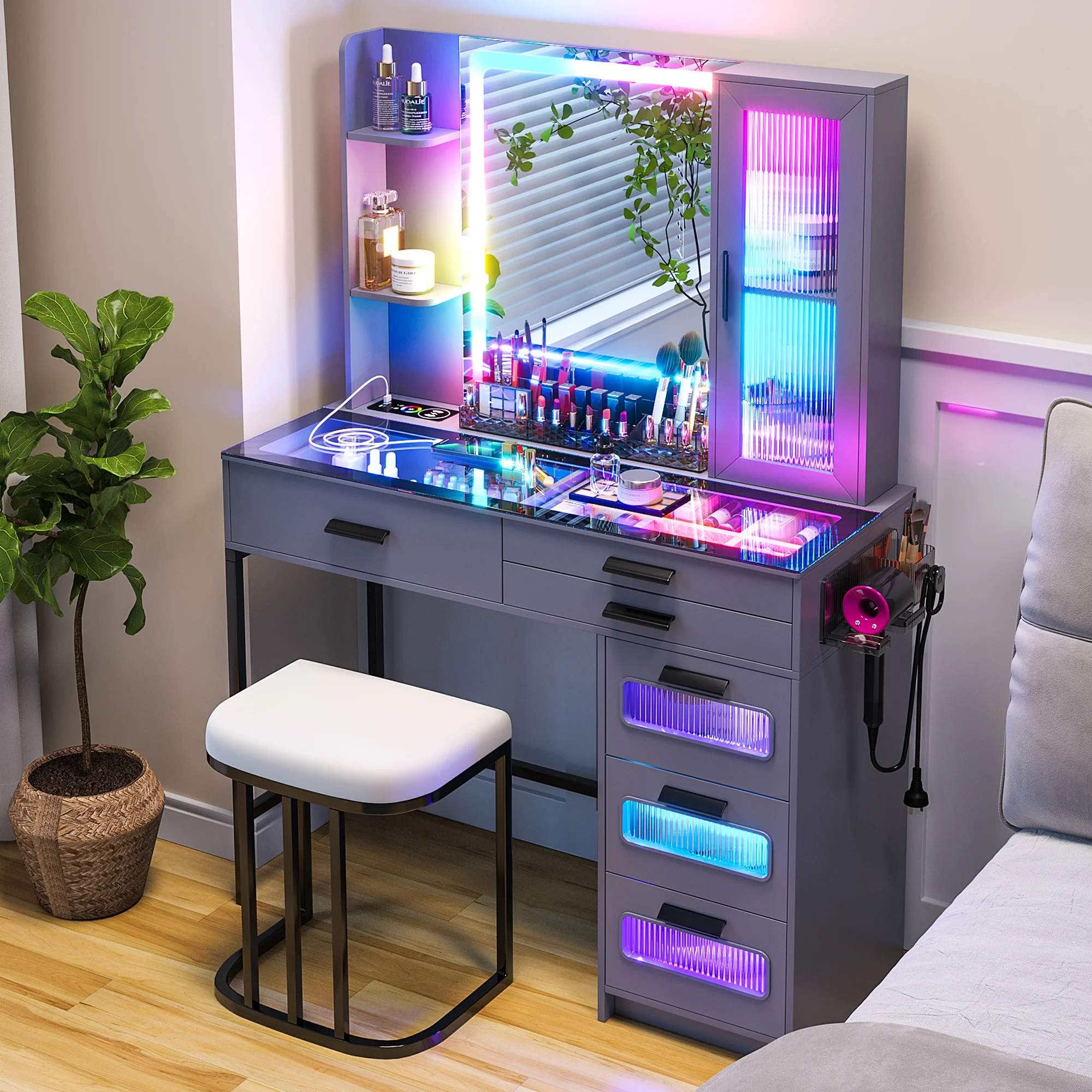 HNEBC RGB Vanity Desk with Lights, Glass Top Makeup Desk with Wireless Charging Station, Dressing Table Set with Stool/6 Drawers