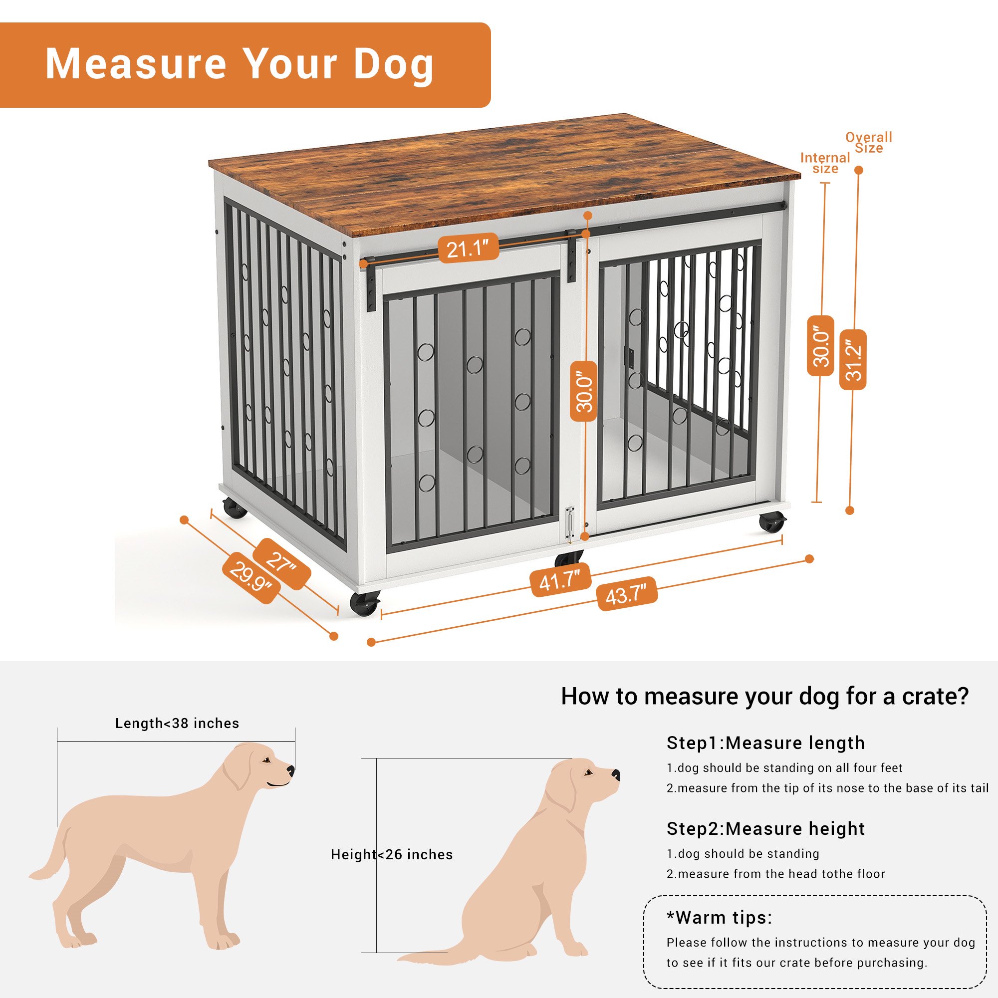Ostreici 44" Anti-Bite Furniture Style Dog Crate Sliding Barn Door, Dog Kennel End Table w/ Wheels
