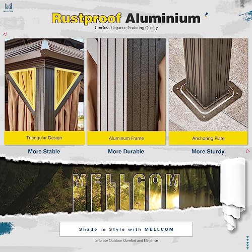 MELLCOM 10'x13' Hardtop Gazebo with Polycarbonate Double Roof, Aluminum Frame Outdoor Gazebo Permanent Pavilion with Curtains and Netting for Patio