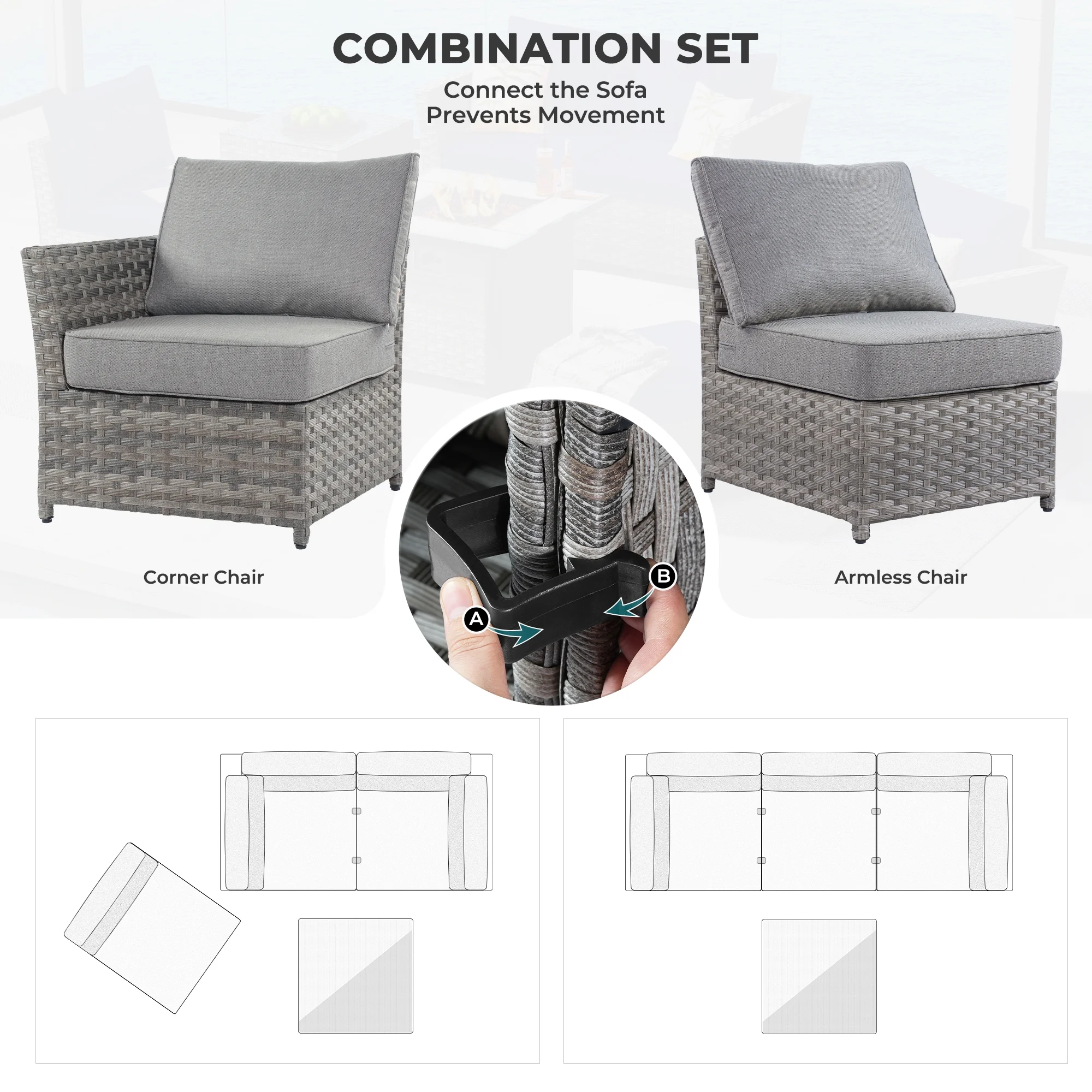 HOOOWOOO Wicker Sectional Patio Set 10 Pieces Outdoor Conversation furniture Set with Sofa Chairs Ottoman Gas Fire Pit Swivel Rocking Chairs,Grey
