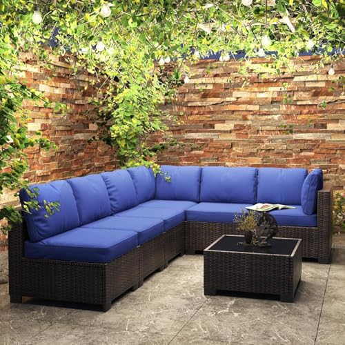 6 Piece Outdoor Patio Furniture Set with Coffee Table, Rattan Deck Conversation Sofa Set