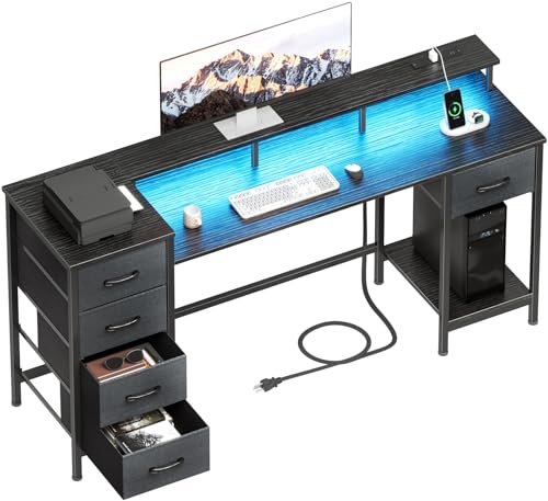 47 Inch Computer Gaming Desk with Power Outlets LED Lights Reversible Home Office with Adjustable Fabric Storage Drawers for Working Writing Study