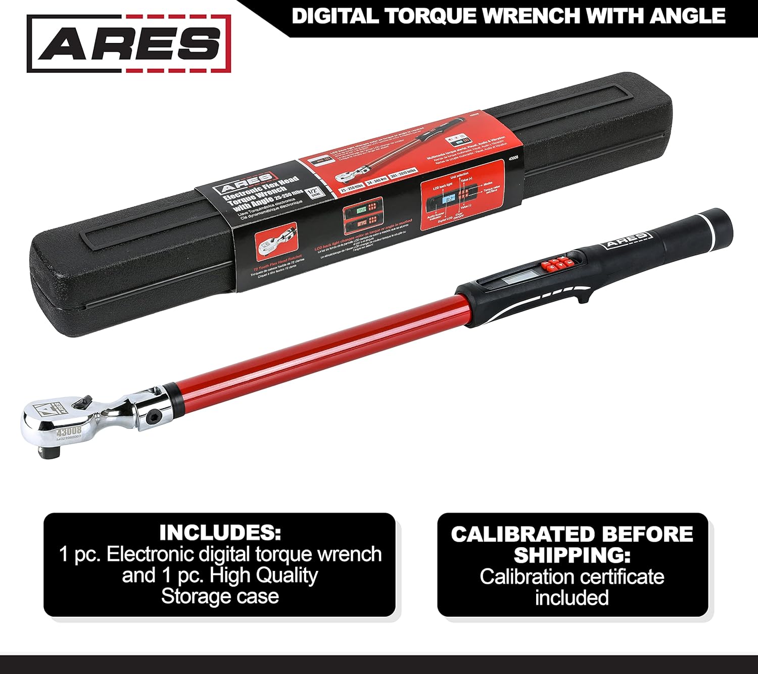 ARES 43008 - 1/2-Inch Drive Flex Head Electronic Digital Torque and Torque Angle Wrench - 25-250 ft/lbs (34-340Nm) - +/- 2% Accuracy