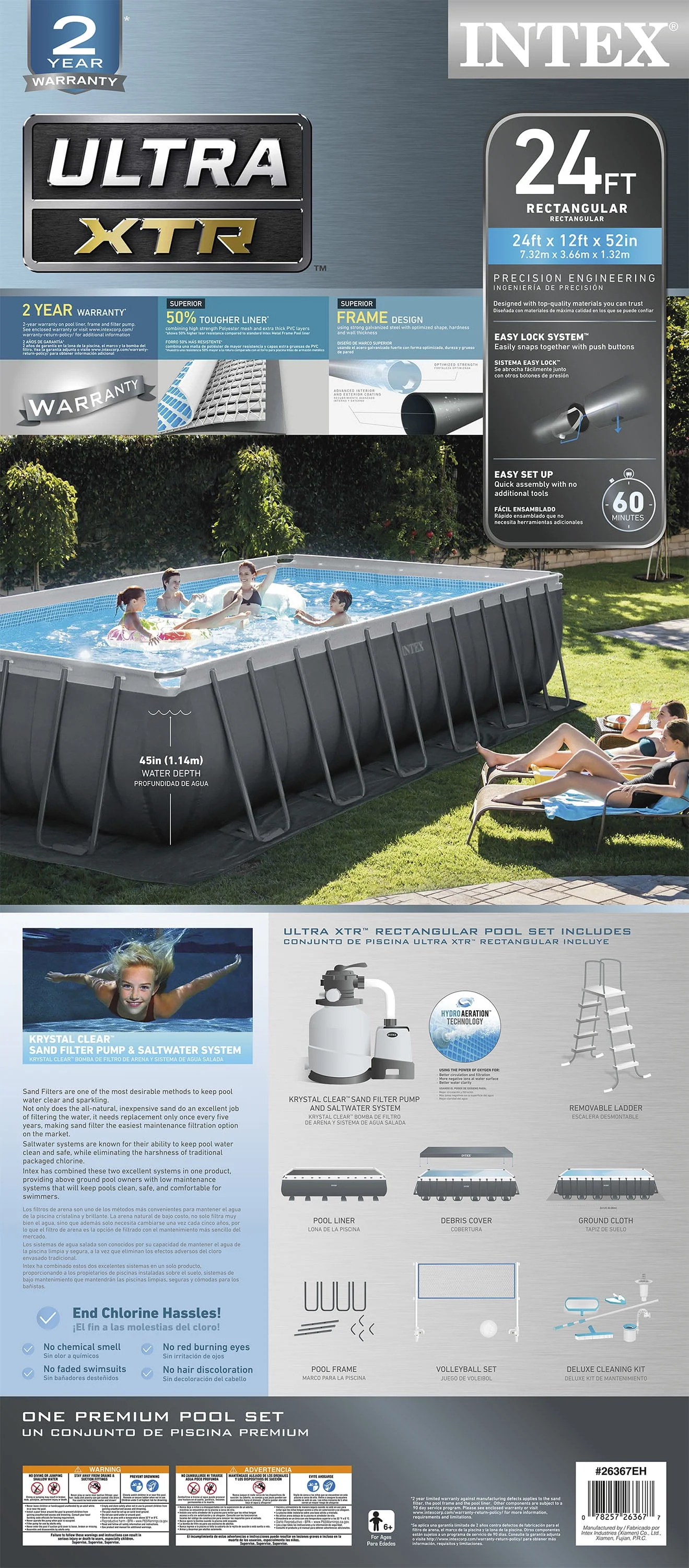 Intex 24' x 12' x 52 Ultra XTR Rectangular Frame Swimming Pool Set + Pump
