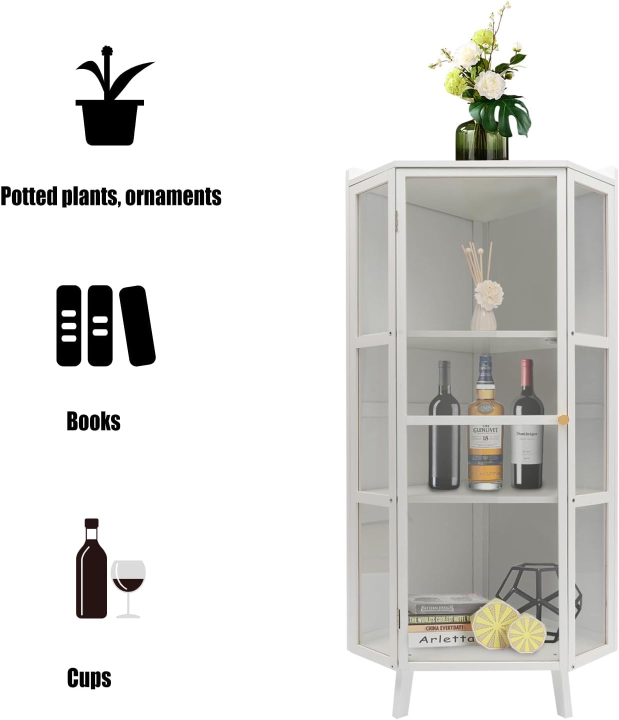 Tall Corner Storage Cabinet Modern Freestanding Corner Shelves Farmhouse 3-Tier Corner Bookshelf Stand Storage Rack with Clear Door Home Space Saver