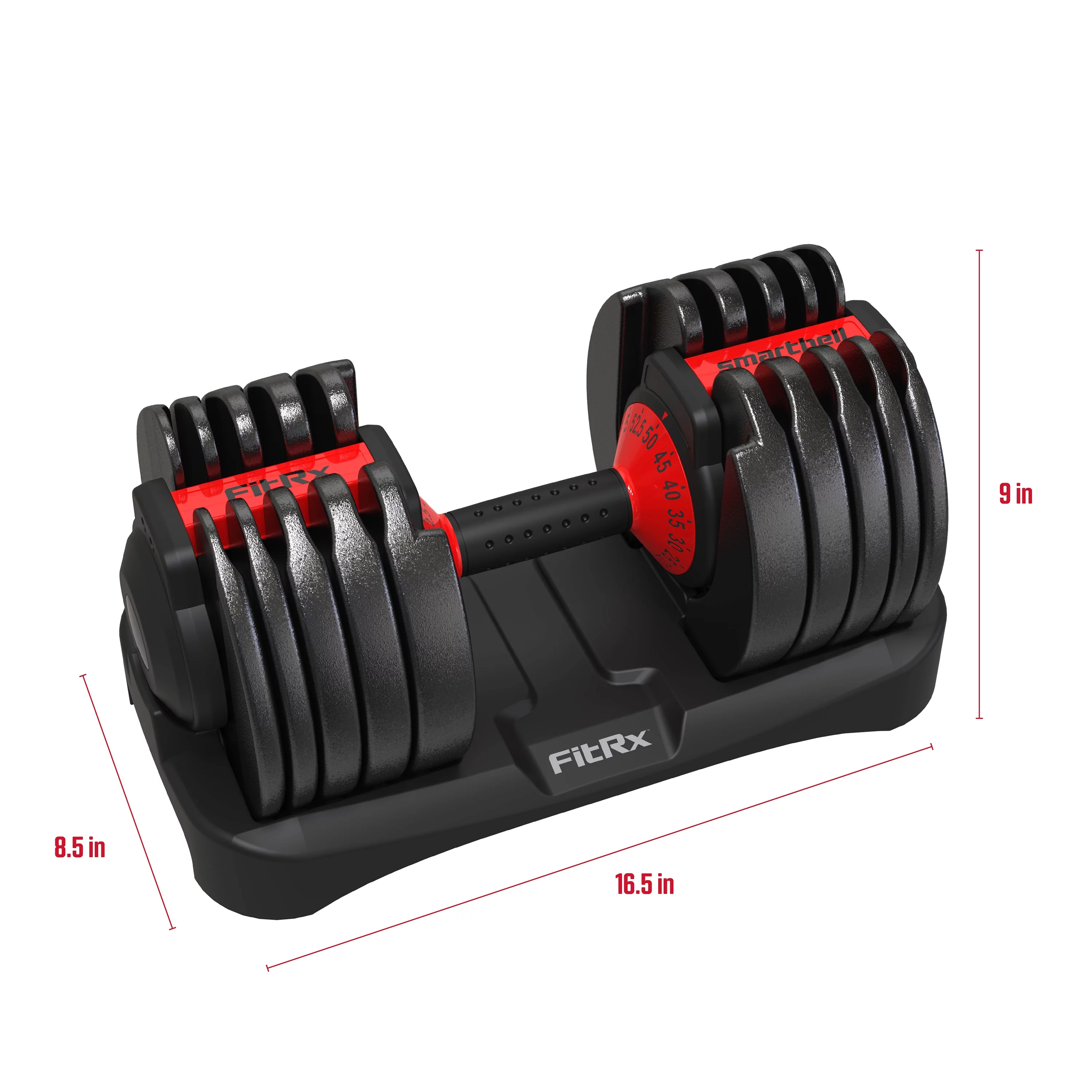FitRx SmartBell, Quick-Select Adjustable Dumbbell for Home Gym, 5-52.5 lbs. Weight, Black, Single