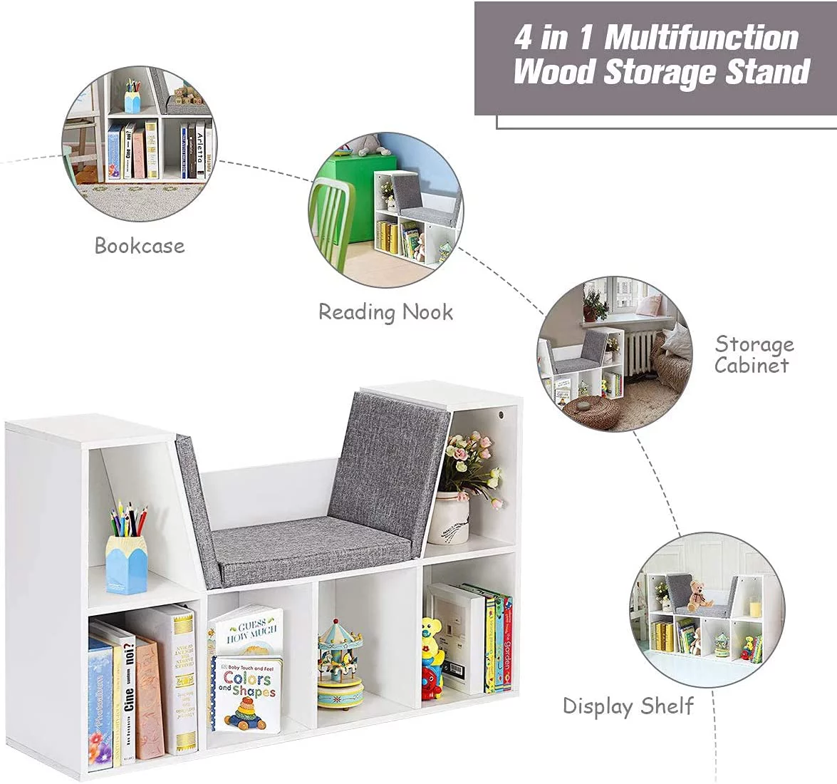 6-Cubby Kids Bookcase w/Cushioned Reading Nook