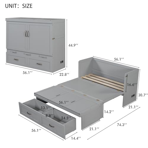 Harper & Bright Designs Full Size Murphy Bed Cabinet Wall Bed, Solid Pine Murphy Bed Chest with USB Ports