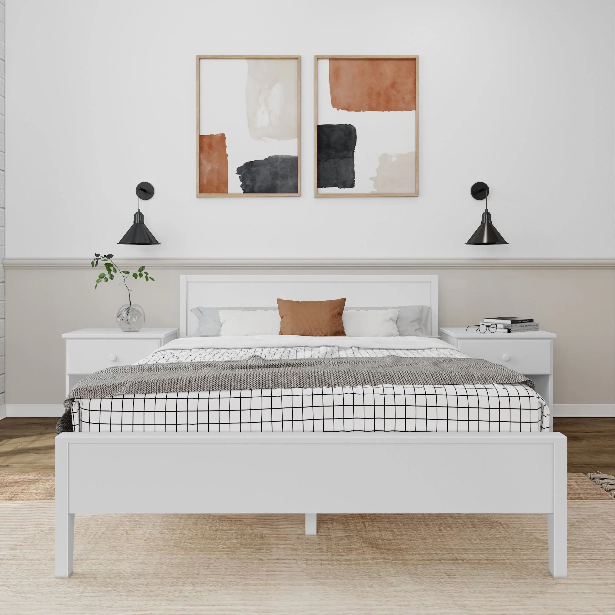 Plank+Beam Solid Wood Queen Bed Frame with Headboard, Modern Platform Bed for Adults, White