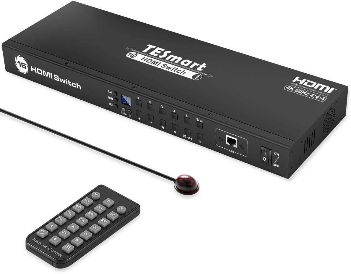 TESmart 16×1 HDMI Switch 16 in 1 Out 4K@30Hz HDCP 1.4 with 19-inch Rack-Ears | RS-232 / LAN Control | IR Remote Control and Auto Switch | Auto Scan