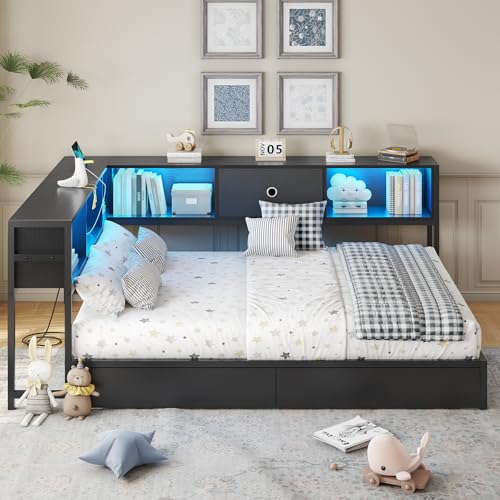 DICTAC Corner Full Bed Frame with Bookcase Storage and Led Lights Full Size Metal Platform Bed Frame with Storage Drawers & Charging Station Full