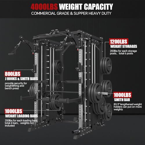 FAGUS Commercial Smithe Machine with 308lb Dual Weight Stacks, 4000LBS Power Cage Squat Rack with Lever Arm & Leg Press