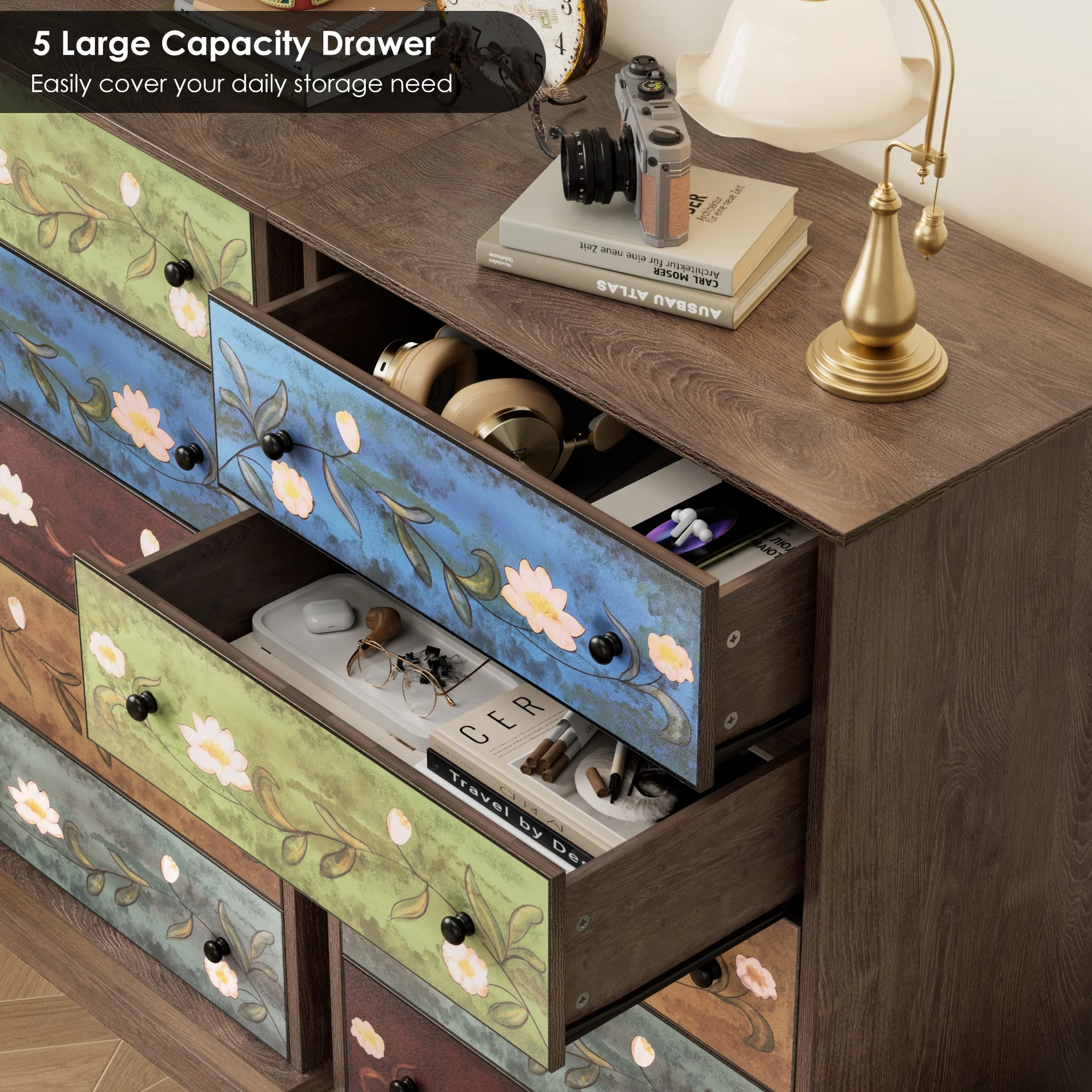 Homfa 5 Drawer Dresser for Bedroom, Boho Wood Storage Cabinet for Entryway Living Room, Wide Top, Study Base, Women