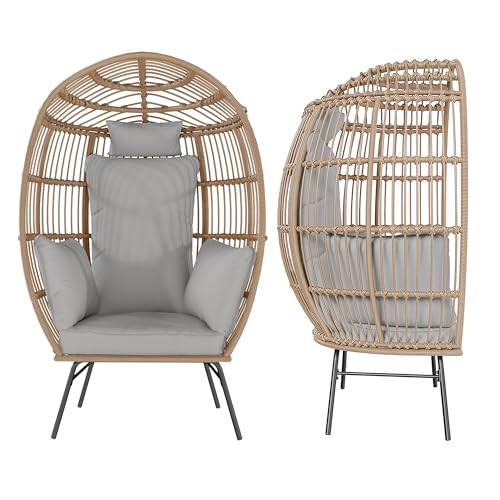 Oversized Wicker Egg Chair with Ottoman, Patio Lounge Chairs with Thick Cushion, Rattan Egg Basket with Steel Frame for Indoor/Outdoor, Porch