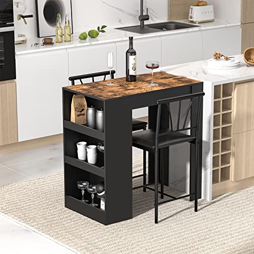VECELO Small Bar Table and Chairs Tall Kitchen Breakfast Nook with Stools/Dining Set for 2, Storage Shelves, Space-Saving, Gray