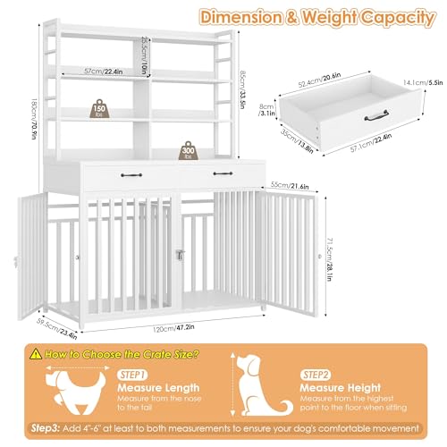Keyluv 71''H x 47.2''W Large Dog Crate Furniture with 4-Tier Shelves and 2 Storage Drawers, Heavy Duty Dog Cage Furniture with 2 Doors