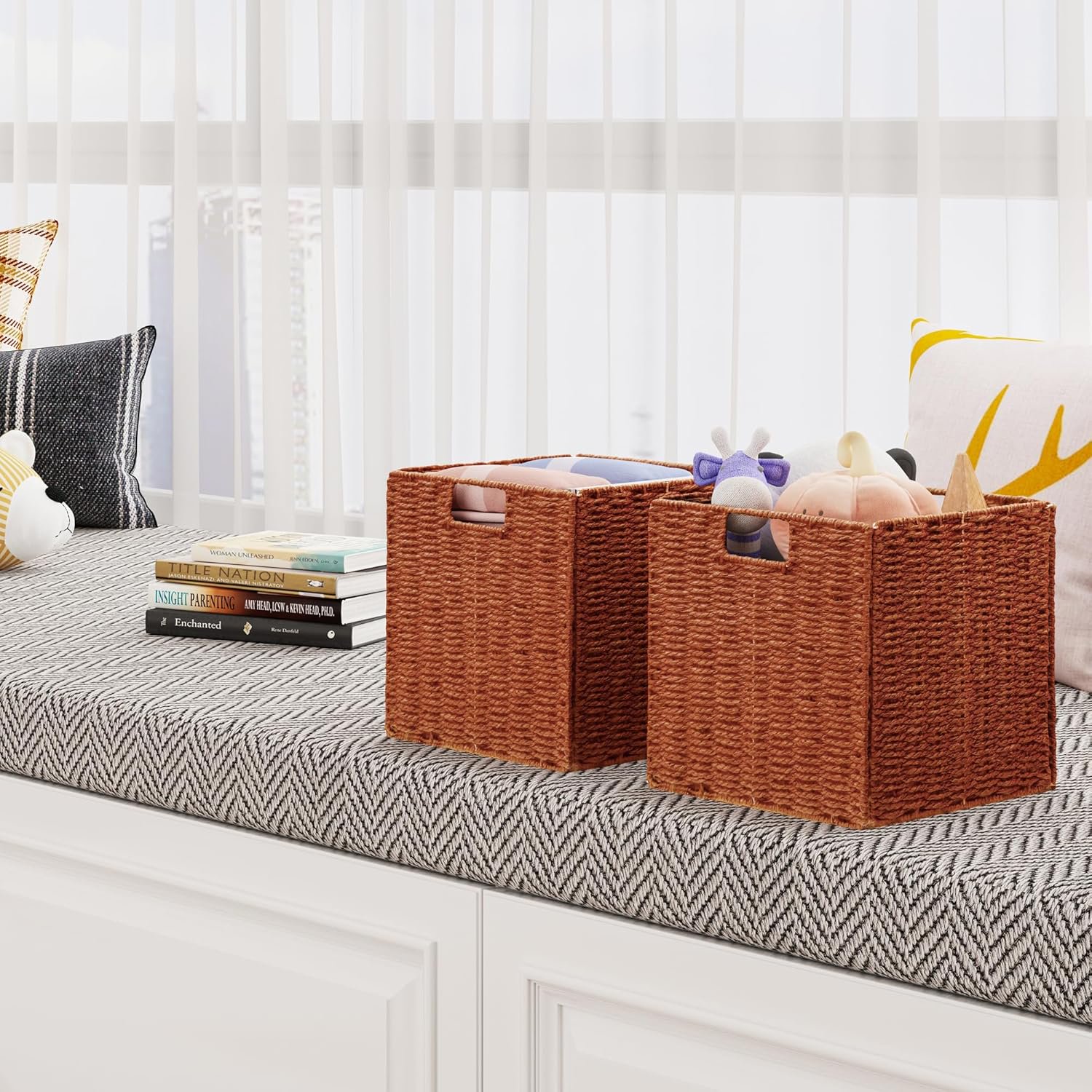Wicker Storage Basket, Set of 2 Hand-Woven Paper Rope Wicker Baskets, Foldable Cube Storage Bins, 11 inch Storage Basket