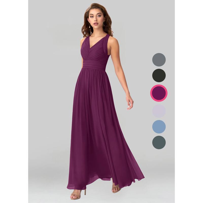 Azazie A-Line/Princess V-Neck Floor-Length Chiffon Bridesmaid Dresses - Raspberry