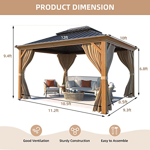 YOLENY 10' x 12' Hardtop Gazebo, Wood-Looking Gazebo with Galvanized Steel Double Roof, Aluminum Frame