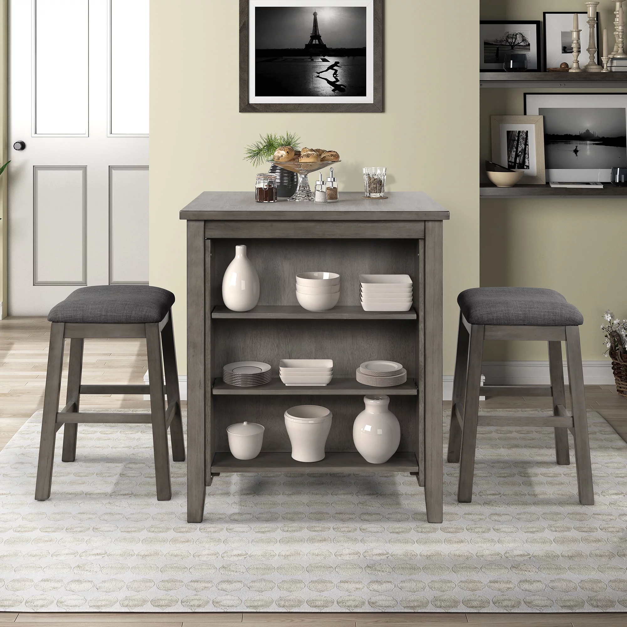 Churanty 3 Piece Wood Dining Table Set for 2,Kitchen Table with Storage Shelf and 2 Padded Counter Height Dining Chairs for Small Place, Gray