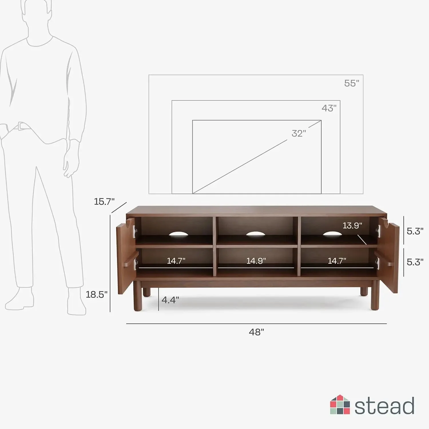 Low Profile Fluted TV Stand - Mid Century Media Console - Living Room Furniture - 48&rdquo; Entertainment Center with Shelves