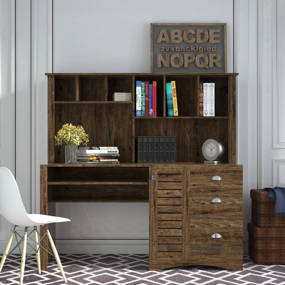 Home Office Computer Desk with Hutch Dark Brown
