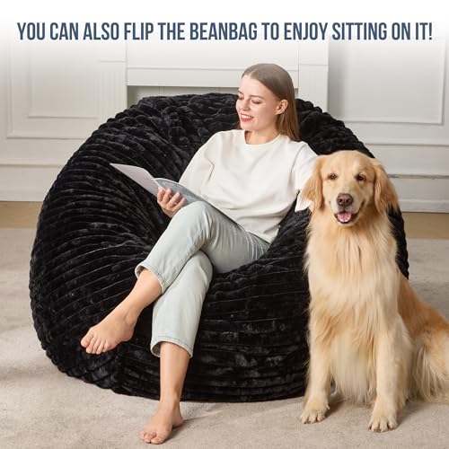 Hobestluk 5ft Bean Bag Chairs for Adults Large Beanbag Chair with Stripe Plush Cover Big Bean Bag Chair for Living Room Bedroom Dorm Office -Black