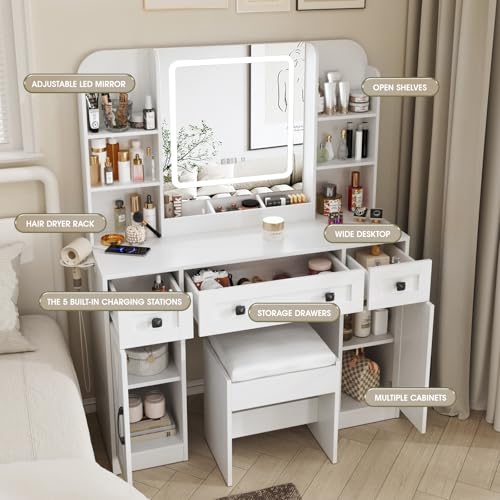 Vabches Makeup Vanity Desk, Vanity Mirror with Lights Desk and Chair,Makeup Table with 3 Large Drawers and 2 Cabinets, Time and Temperature Display