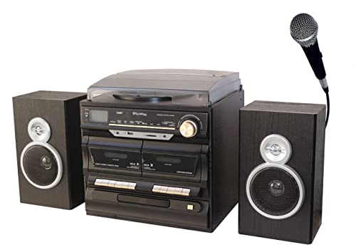 TechPlay Karaoke Enabled, 30W RMS, Retro Classic Turntable, NFC Bluetooth, Double Cassette Player/Recorder, CD MP3 Player, USB SD Ports