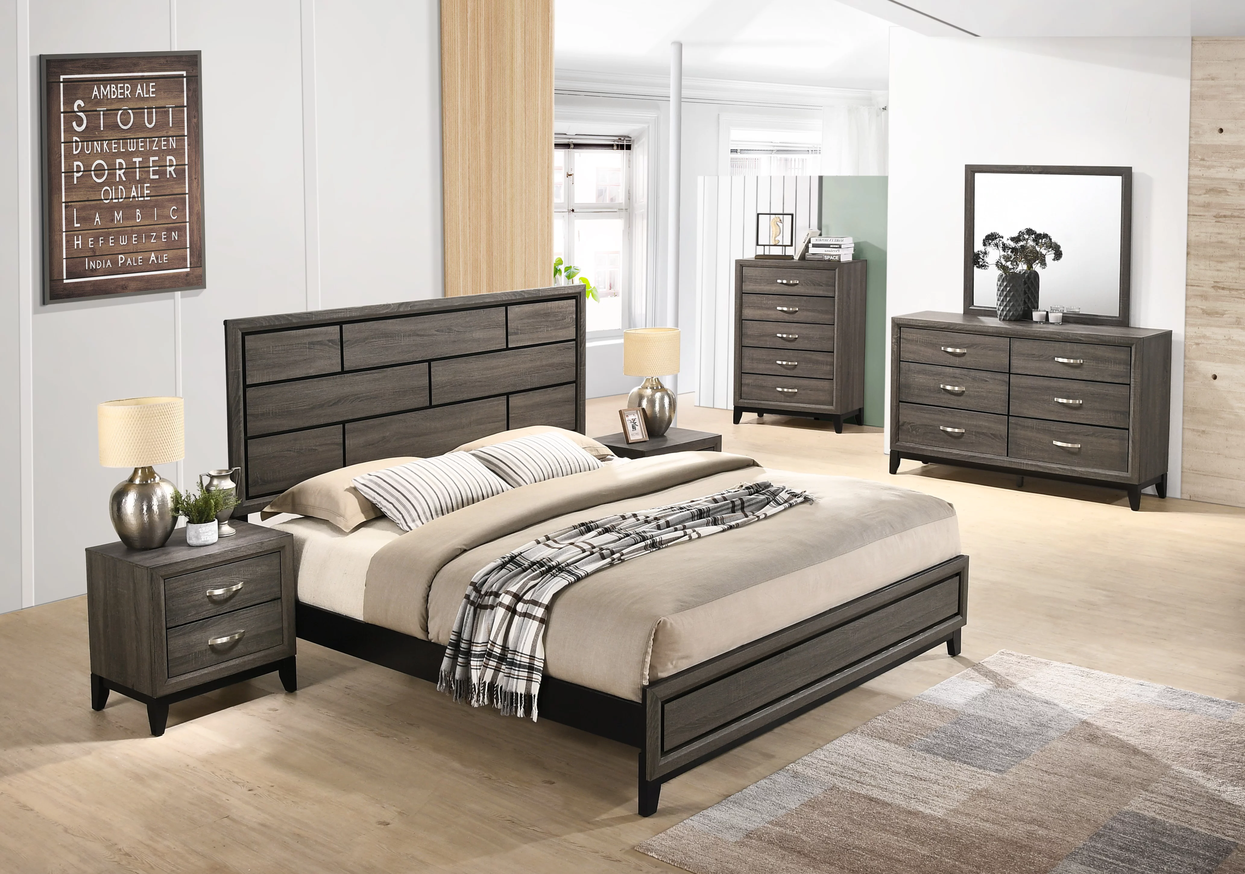Stout Panel Bedroom Set with Bed, Dresser, Mirror, 2 Nightstands, Chest, Wood, Dark Ash Gray, Queen Size