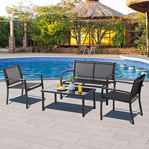 Vongrasig 4 Pieces Patio Furniture Sets,Outdoor Patio Conversation Sets with Glass Coffee Table, Small Porch Balcony Furniture