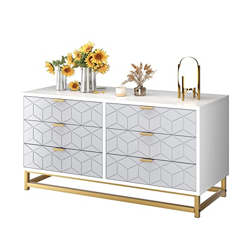 Senfot White 6 Drawer Dresser for Bedroom, Modern Dressers & Chests of Drawers, Wood Dresser Chest Organizer with Metal Legs