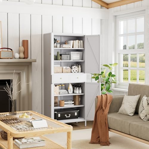 Tall Kitchen Pantry Cabinet, Metal Display Storage Cabinets with 4 Doors/2 Drawers for Kitchen Home Office Living Room, Assembly Required