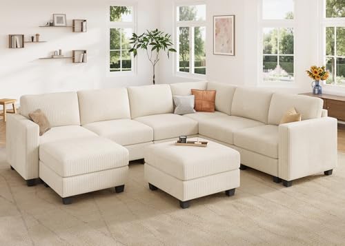 HONBAY Corduroy Modular Sectional Couch with Storage L-Shaped Sectional Couches for Living Room 6 Seater Modular Sofa, Dark Gray