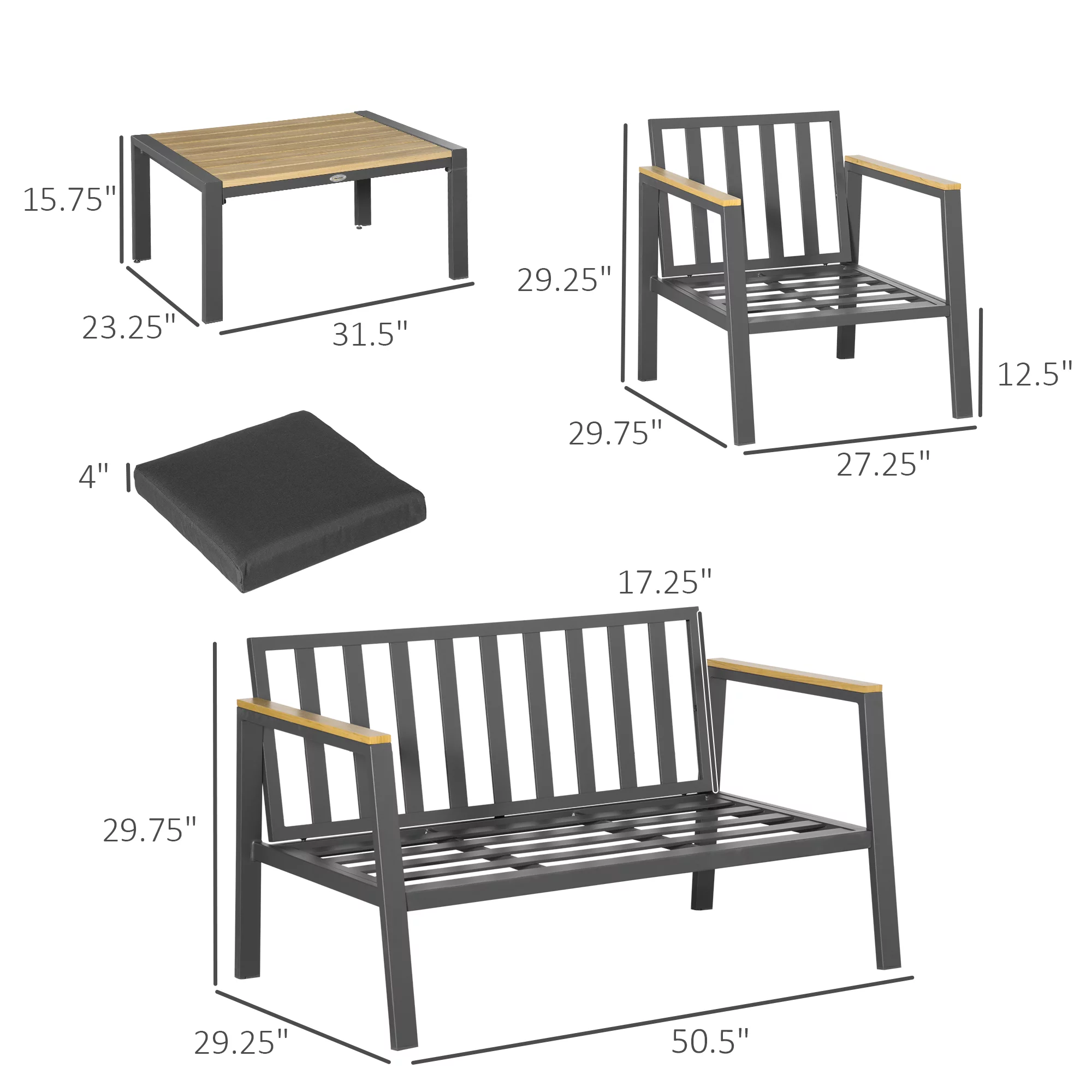 Outsunny 4 Piece Patio Furniture Set Aluminum Conversation Set Outdoor Garden Sofa Set w/ 2 Armchairs, Loveseat Sofa, Center Coffee Table