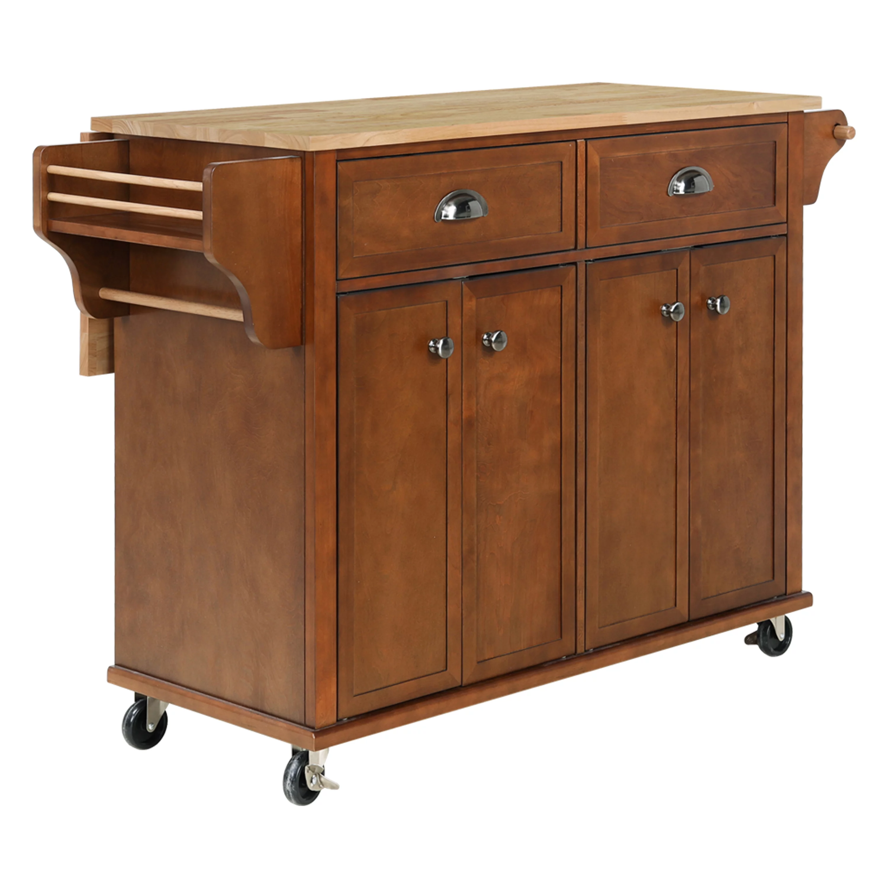 Rolling Kitchen Island Cart with Large Storage Cabinet on Wheels, Solid Rubberwood Countertop with Drop Leaf, Greenguard Gold Certified, 4-Droors