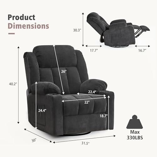 Rocker Swivel Recliner Chair for Adults, Overstuffed Large Manual Recliner Glider with Massage and Heat