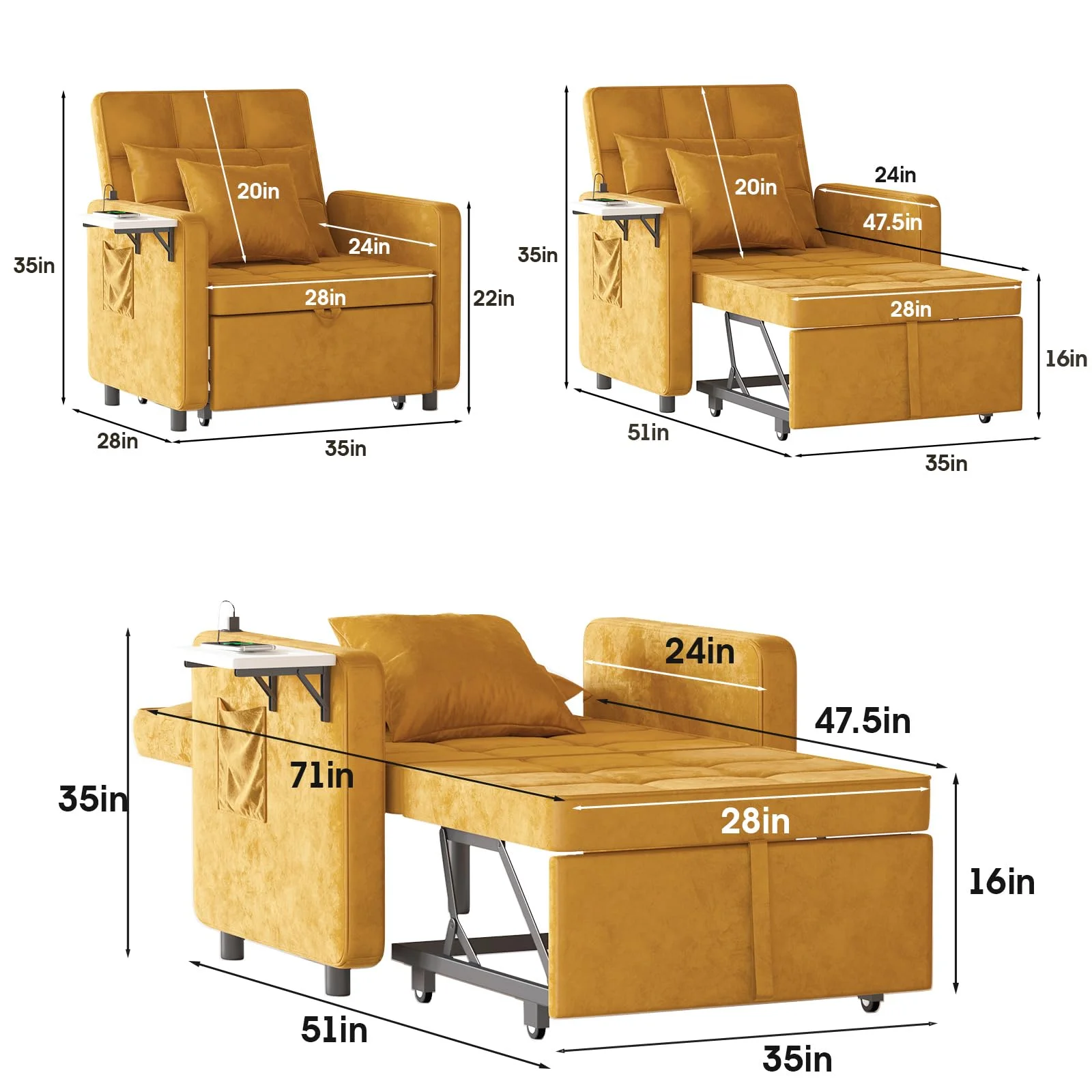 VEANERWOOD Sofa Bed Chair with Wing Table and USB Ports, 3-in-1 Sofa Chair Bed with Two Pillows, Velvet Sleeper Chair with Adjustable Backrest