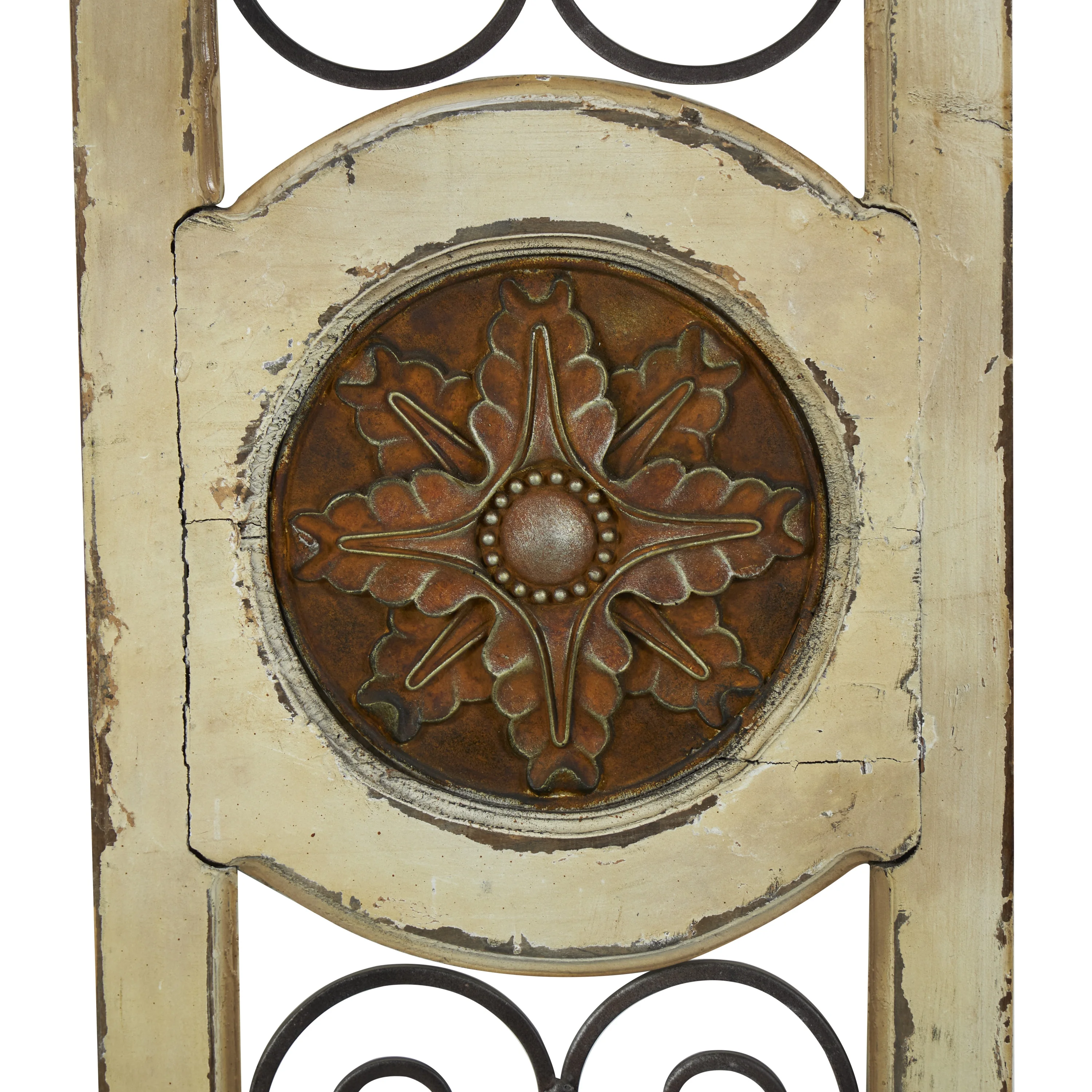 DecMode White Wood Distressed Door Inspired Ornamental Scroll Wall Decor with Metal Wire Details