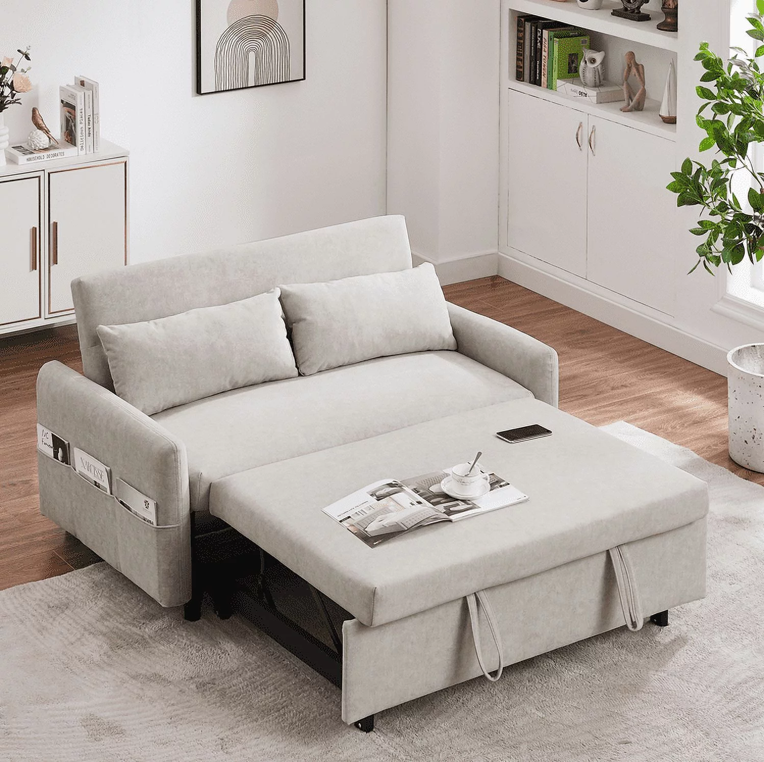 Euroco 55" Loveseat with Pull Out Bed, Sleeper Sofa with Adjustable Backrest, 2 Seater Couch with Pillows, Storage Pockets for Living Room, Beige