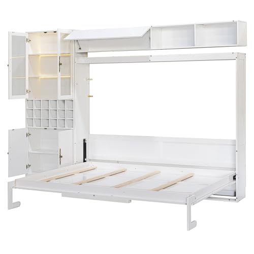 MERITLINE Queen Murphy Bed with Couch and Storage Shelves,Charging Station& LED Light