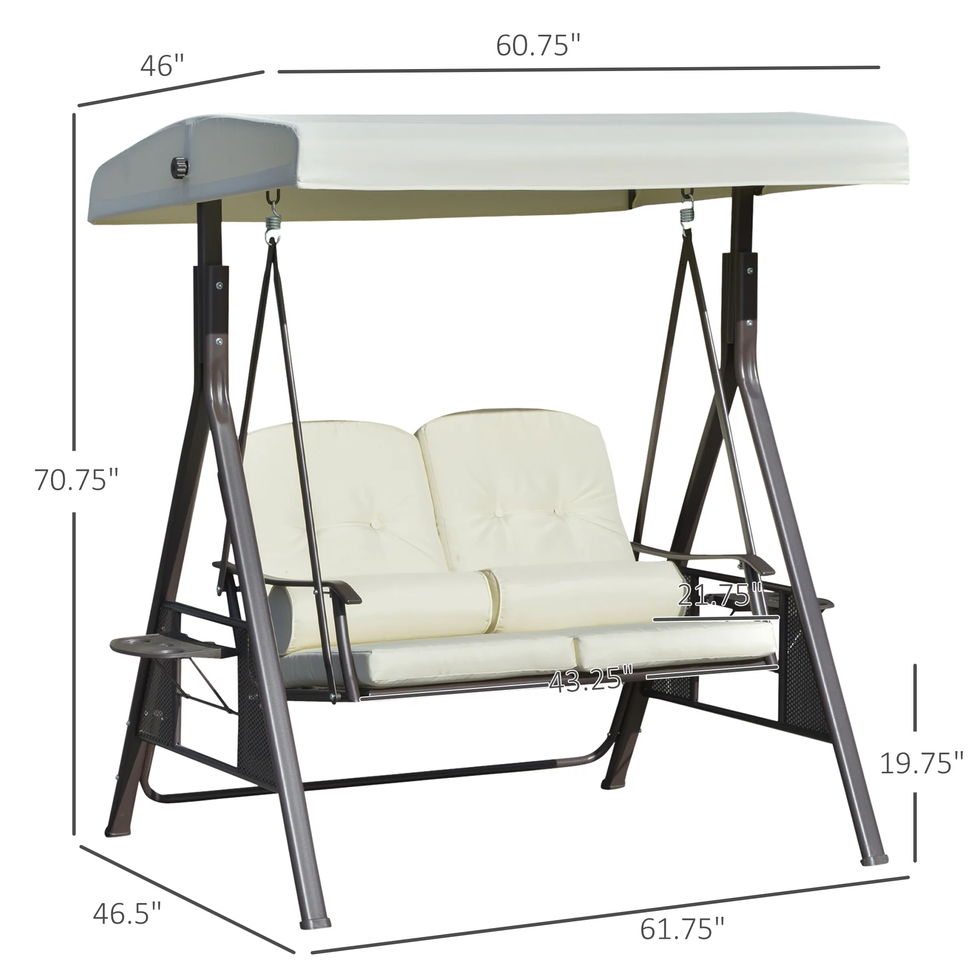 Outsunny 2-Person Patio Swing Bench with Adjustable Shade Canopy, Soft Cushions, Throw Pillows and Tray, Beige.