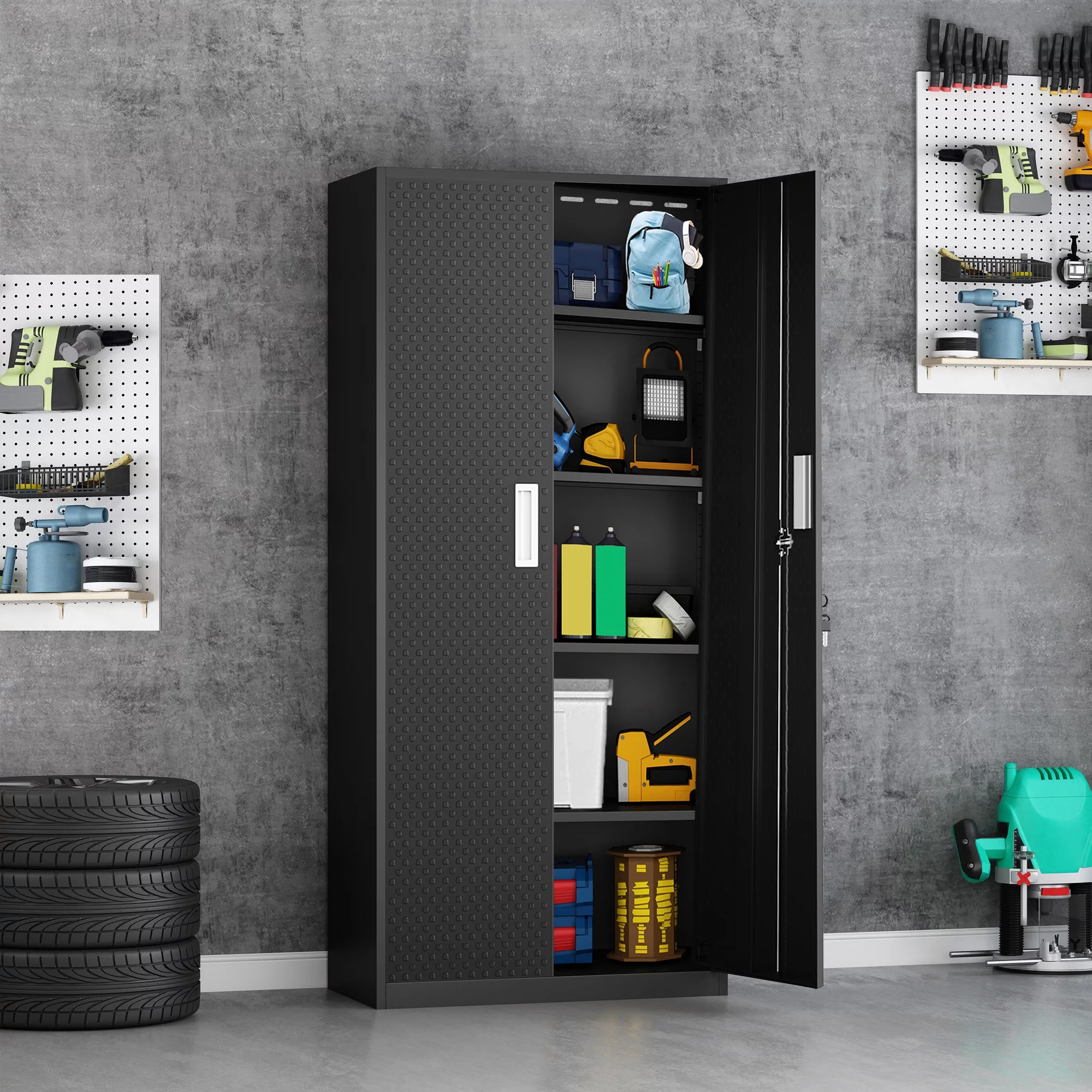 Tall Metal Storage Garage Cabinets with Locking Doors and 4 Adjustable Shelves, Double Handles, Steel Storage Cabinet for Garage, Office, Bedroom